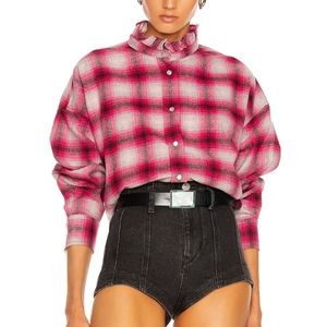 Isabel Marant Pink Plaid Ruffle-Neck Button Front Top